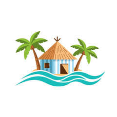 Obraz premium Beach hut with two palm trees and waves