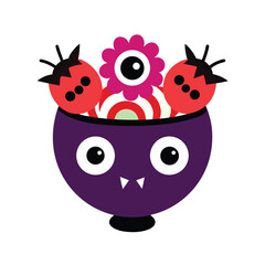 Purple monster bowl filled with Halloween candy vector art illustration