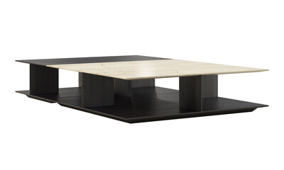 Set of black veneer coffee table with a bottom shelf and black marble countertop. 3d render