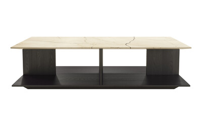 Black veneer coffee table with a bottom shelf and beige marble countertop. 3d render