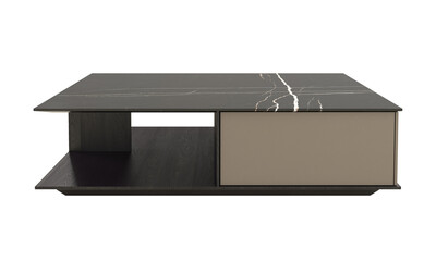 Black veneer coffee table with a bottom shelf and black marble countertop. 3d render