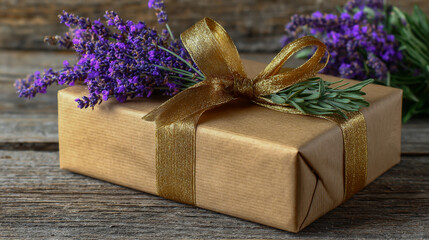Brown kraft paper gift wrapped with purple lavender sprigs and tied with a gold ribbon, elegant eco-friendly packaging,