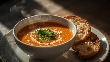 Photo of a bowl of creamy tomato soup with fresh basil and toasted bread offers a comforting and healthy meal option