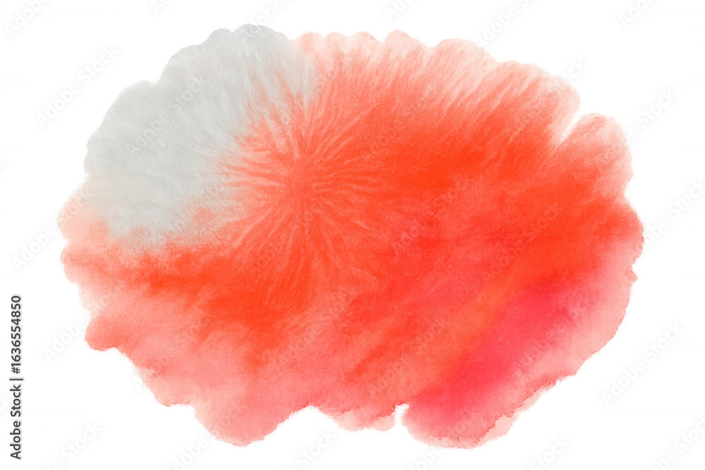 Poster watercolor red-white splash creating dynamic abstract form, transparent backdrop highlighting artist