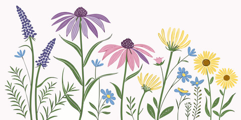 A seamless vector illustration of a spring flower pattern with leaves and blossoms, perfect for floral designs