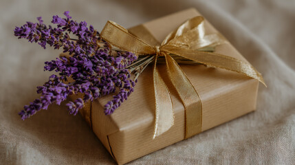 Brown kraft paper gift wrapped with purple lavender sprigs and tied with a gold ribbon, elegant eco-friendly packaging,