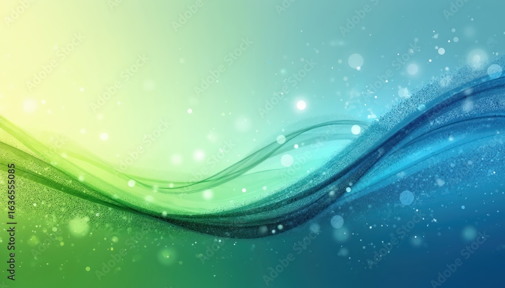 Poster digital blue, green wave pattern with halftone dots, bright light effects. smooth flow of abstract g