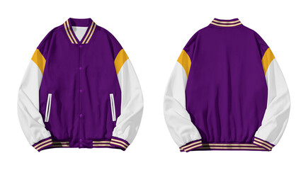 Varsity jacket mockup purple white and gold front and back jacket for design presentation template. © resource image