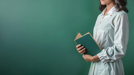 Woman holding a green notebook while standing against a plain green background