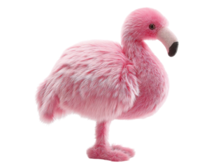 PNG of A cute, fluffy pink flamingo plush toy standing on one leg with a soft texture and vibrant colors. - on Transparent or White BG