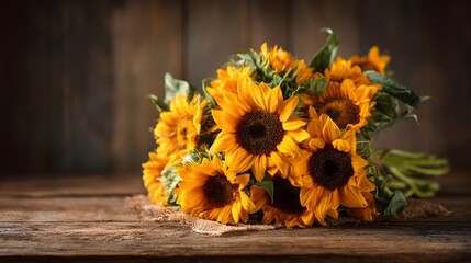 Fototapeta premium A bouquet of sunflowers on a rustic wooden surface.