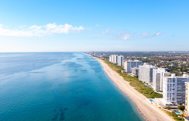 Aerial View of Boca Raton and Deerfield Beach Coastal Skyline in Florida.