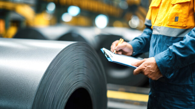 A factory worker in safety gear meticulously inspects and records data on a clipboard, standing next to large roll of steel. Scene highlights the importance of quality control in manufacturing process