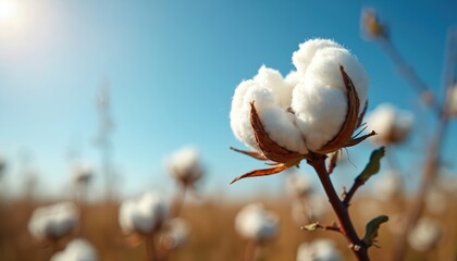 Close-up of fluffy white cotton boll on stalk under bright sun, blue sky. Blurry field background shows cotton plants, hinting at harvest season agriculture, natural fiber production for textiles.