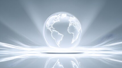 A glowing, translucent globe of the earth on a light gray surface.