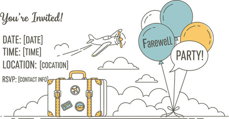Farewell Party Invitation with Suitcase, Airplane, and Balloons