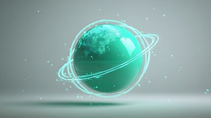 Teal sphere with orbiting rings, a digital globe.