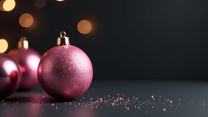 Fototapeta premium sparkling pink glitter christmas ornament sits atop sleek black backdrop surrounded soft natural light elegant festive accents