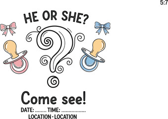 Fototapeta premium Gender reveal invitation with pacifiers and question mark, baby shower