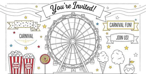 Obraz premium Carnival Illustration with Ferris Wheel, Popcorn, and Candy Apples
