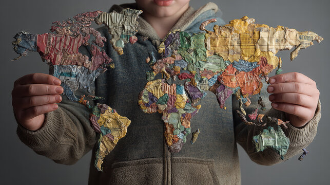 Child Holding a Colorful World Map Made of Puzzle Pieces