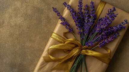 Brown kraft paper gift wrapped with purple lavender sprigs and tied with a gold ribbon, elegant eco-friendly packaging,