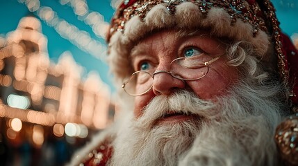 Cheerful Santa Claus in festive attire surrounded by the twinkling lights and architecture of a lively Christmas city scene