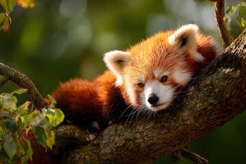 Red panda resting on a tree branch - copy space on the right.