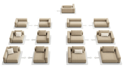 Modern beige fabric upholstery module system sofa with pillows. 3d render.