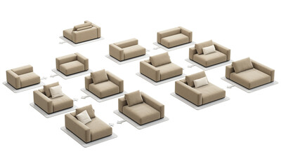 Modern beige fabric upholstery module system sofa with pillows. 3d render.
