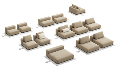 Modern beige fabric upholstery module system sofa with pillows. 3d render.