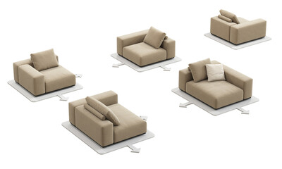 Modern beige fabric upholstery module system sofa with pillows. 3d render.