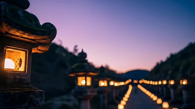 glowing stone lanterns lining a serene twilight pathway through mountains.