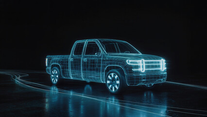 Futuristic Pickup Truck Wireframe Visualization Showcasing Technological Advancements in Automotive Design and Innovation on Black Background