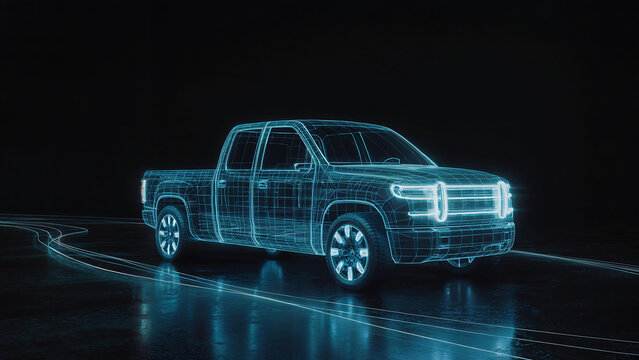 Futuristic Pickup Truck Wireframe Visualization Showcasing Technological Advancements in Automotive Design and Innovation on Black Background