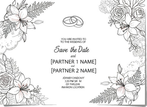 Elegant wedding invitation with floral design and save the date text