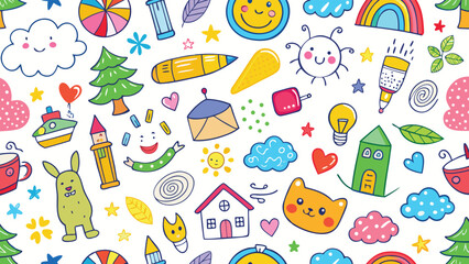 Colorful Kids Crayon Doodle Seamless Pattern with Cute Hand Drawn Elements Including House, Rocket, Cat, Dog, Sun, Rainbow, Flowers, Trees, and Fun Icons – Playful Vector Illustration for Children’s D