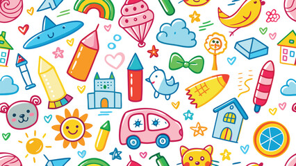 Colorful Kids Crayon Doodle Seamless Pattern with Cute Hand Drawn Elements Including House, Rocket, Cat, Dog, Sun, Rainbow, Flowers, Trees, and Fun Icons – Playful Vector Illustration for Children’s D