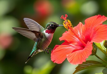 Fototapeta premium A hummingbird hovers in front of a bright red hibiscus flower, capturing nectar