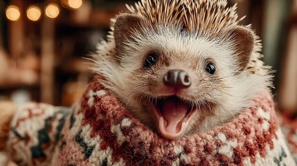 Close up portrait of a happy playful hedgehog wearing a warm patterned knit sweater surrounded by a soft blurred background with warm lighting