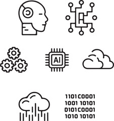 Artificial Intelligence Outline Icons Set Robot, Neural Network, AI Chip, Machine Learning, Data Flow, and Technology Symbols Vector Pack
