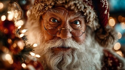 Obraz premium Closeup portrait of a cheerful elderly Santa Claus with a long white beard and glasses surrounded by twinkling holiday lights and deco ns