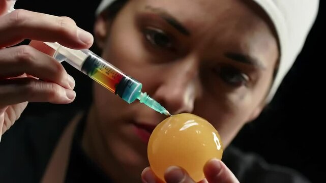 Scientist Injecting Substance into Orange Spherical Object in Laboratory Setting with Focused Lighting