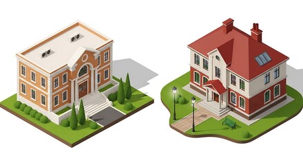 Isometric view of two modern houses on grassy landscape