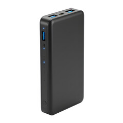 Modern black portable power bank isolated on white or transparent background with illuminated ports. PNG format.