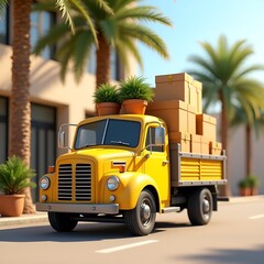 Fototapeta premium Yellow Delivery Truck with Packages in a Tropical City Setting 