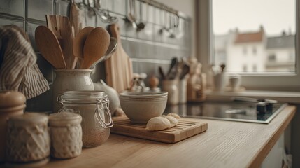 Kitchen counter with rustic, neutral-toned decor.