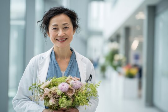 female doctor in white coat holding bouquet of flowers in hospital hallway smiling at camera concept of gratitude healthcare celebration doctors day appreciation and wellness copyspace