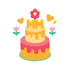 Two tiered birthday cake with flowers and sweet charm vector art illustration