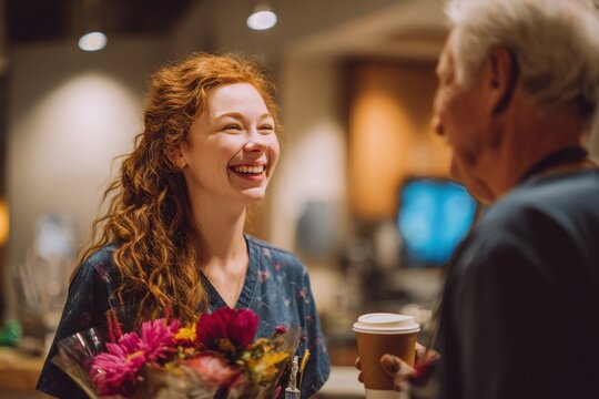 young female doctor smiling with bouquet in hands while older colleague gives coffee concept of gratitude appreciation and celebration in healthcare for doctor day teamwork and emotional connection